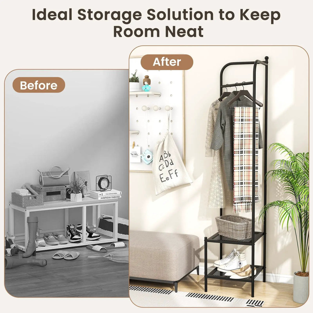 Corner Coat Rack with Top Hanger and 2 Mesh Shelves for Entryway Hallway Living Room Bedroom, photo 20 of 24