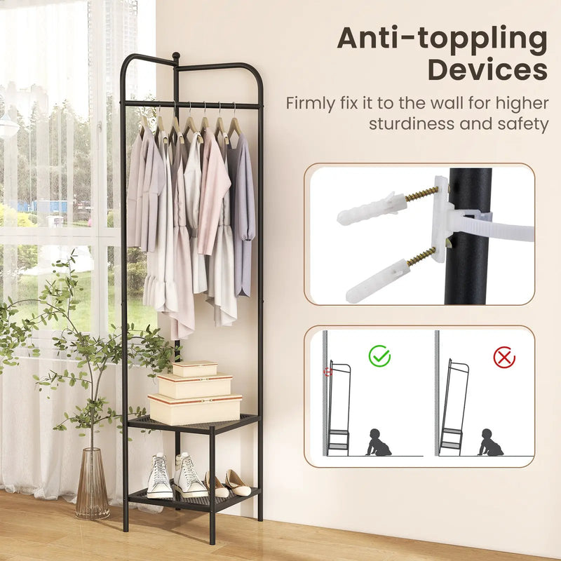 Corner Coat Rack with Top Hanger and 2 Mesh Shelves for Entryway Hallway Living Room Bedroom by DirectDeals