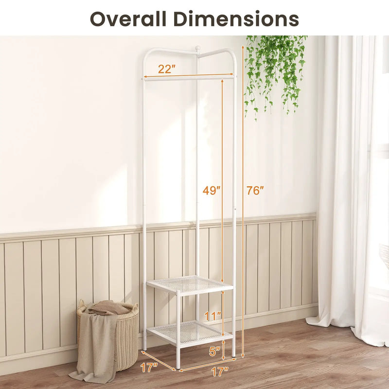 Corner Coat Rack with Top Hanger and 2 Mesh Shelves for Entryway Hallway Living Room Bedroom by DirectDeals