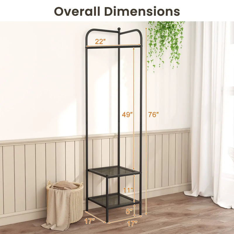 Corner Coat Rack with Top Hanger and 2 Mesh Shelves for Entryway Hallway Living Room Bedroom by DirectDeals