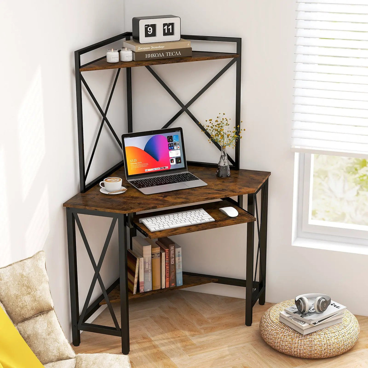 Space-Saving Corner Computer Desk with with Hutch and Keyboard Tray, photo 2 of 9