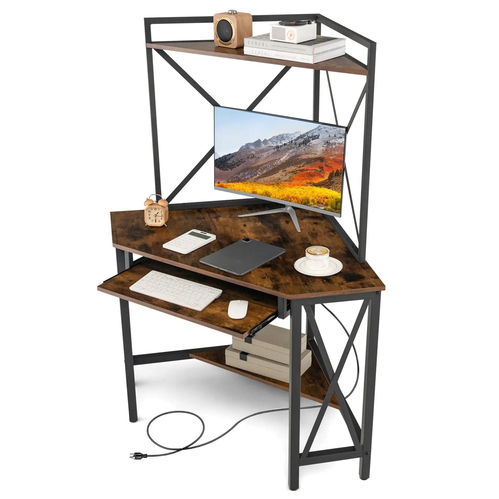 Space-Saving Corner Computer Desk with with Hutch and Keyboard Tray by DirectDeals
