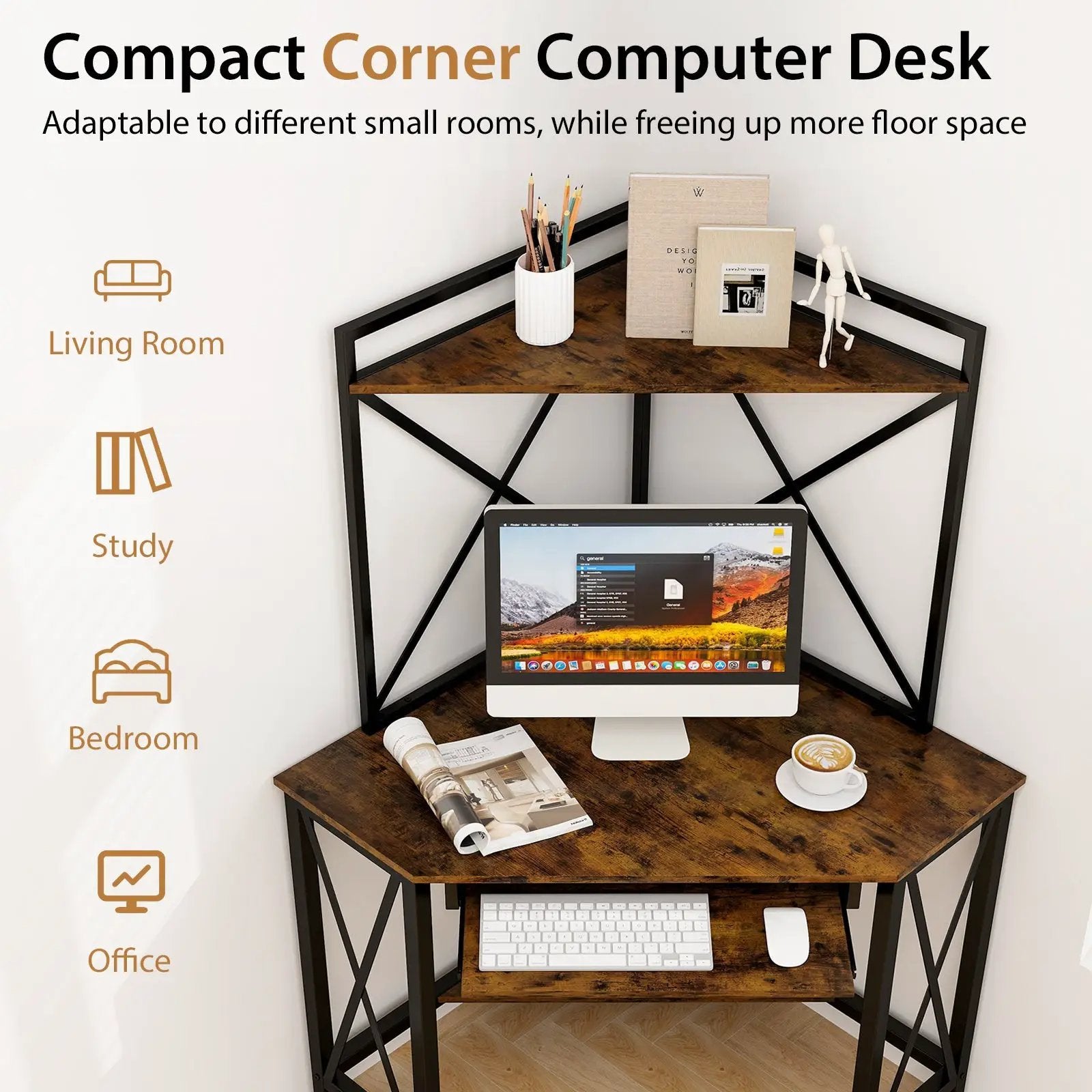 Space-Saving Corner Computer Desk with with Hutch and Keyboard Tray by DirectDeals