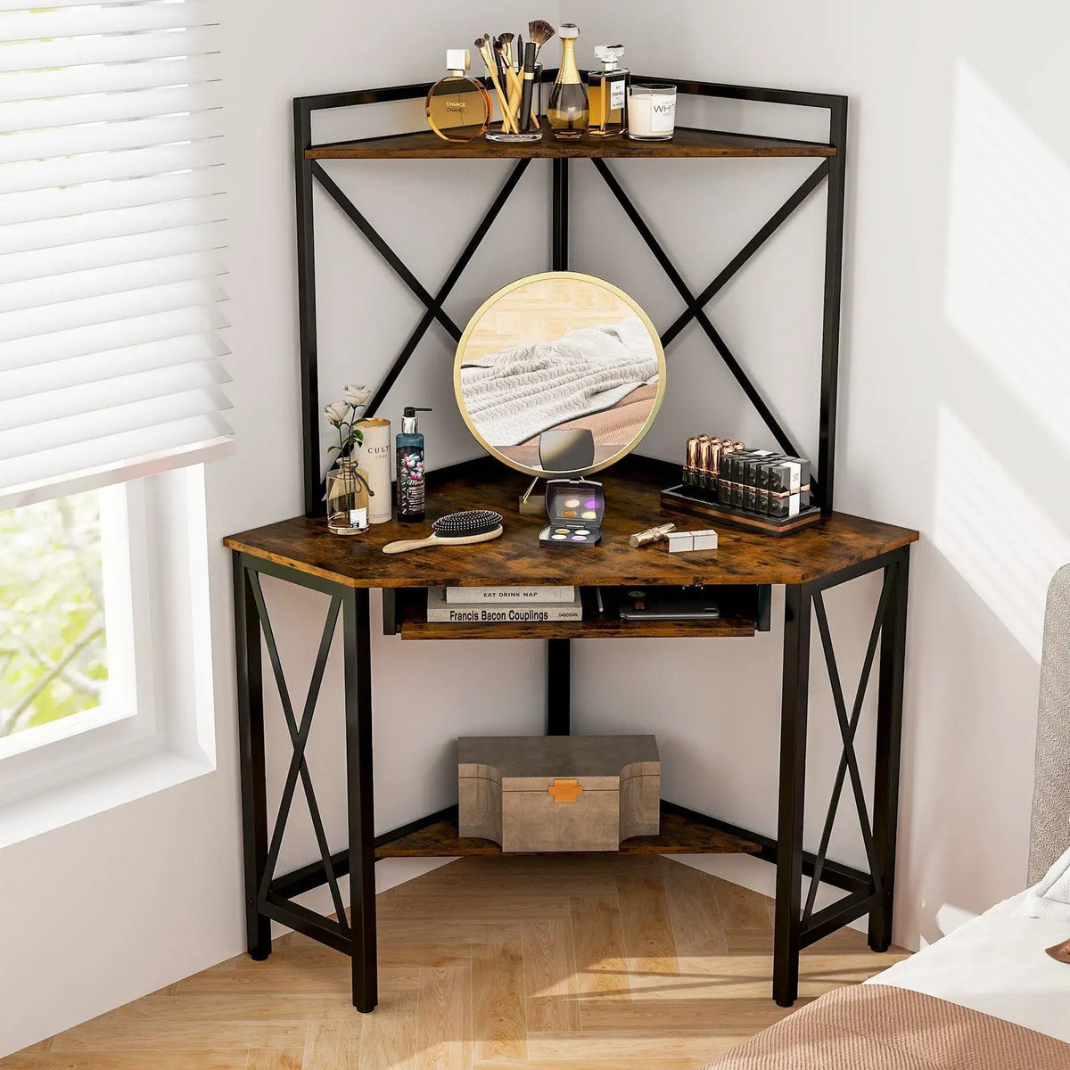 Space-Saving Corner Computer Desk with with Hutch and Keyboard Tray, installed in a room