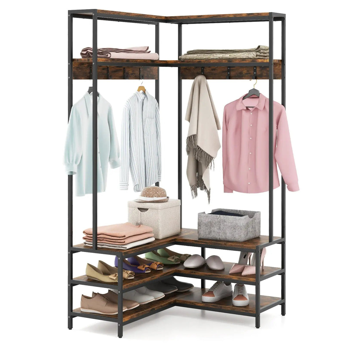 Corner Garment Rack with Open Shelves and 7 Hooks Shoe Bench, photo 3 of 10