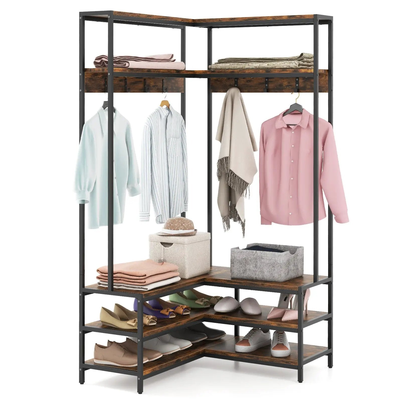 Corner Garment Rack with Open Shelves and 7 Hooks Shoe Bench by DirectDeals