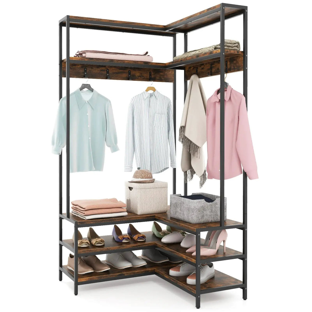 Corner Garment Rack with Open Shelves and 7 Hooks Shoe Bench, photo 4 of 10