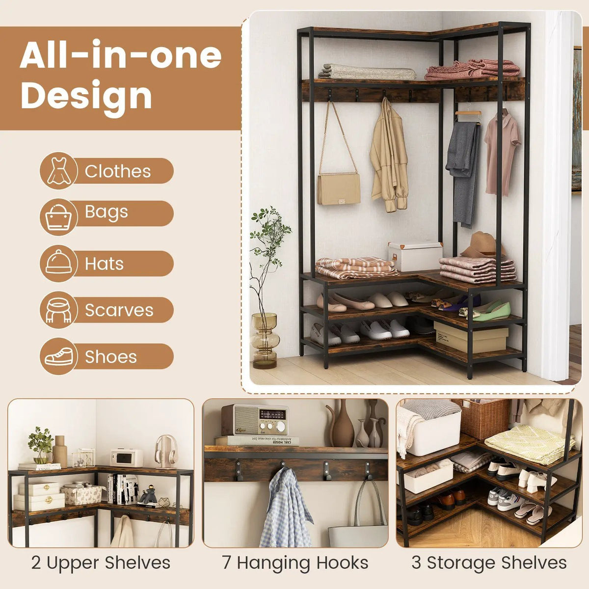 Corner Garment Rack with Open Shelves and 7 Hooks Shoe Bench, photo 6 of 10