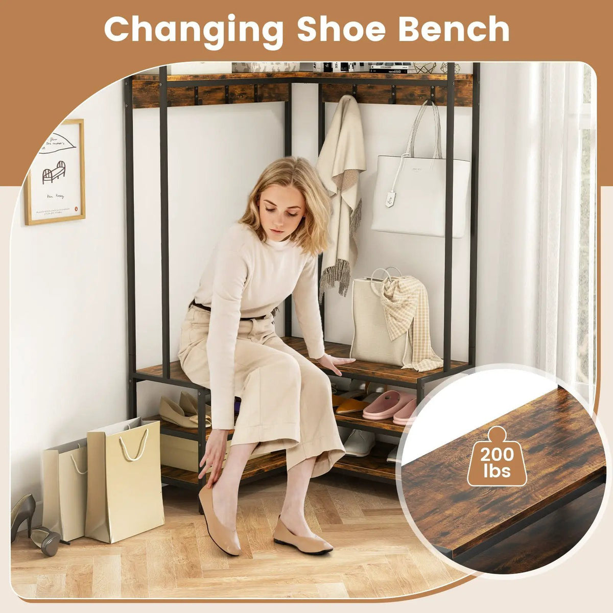 Corner Garment Rack with Open Shelves and 7 Hooks Shoe Bench, photo 7 of 10