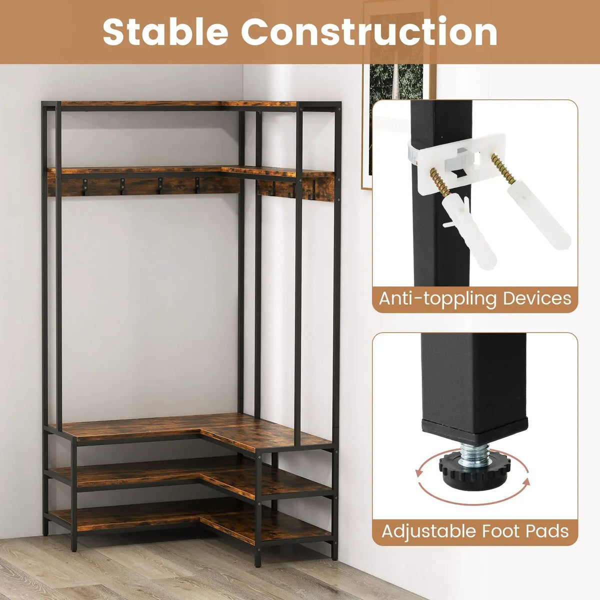 Corner Garment Rack with Open Shelves and 7 Hooks Shoe Bench, photo 8 of 10