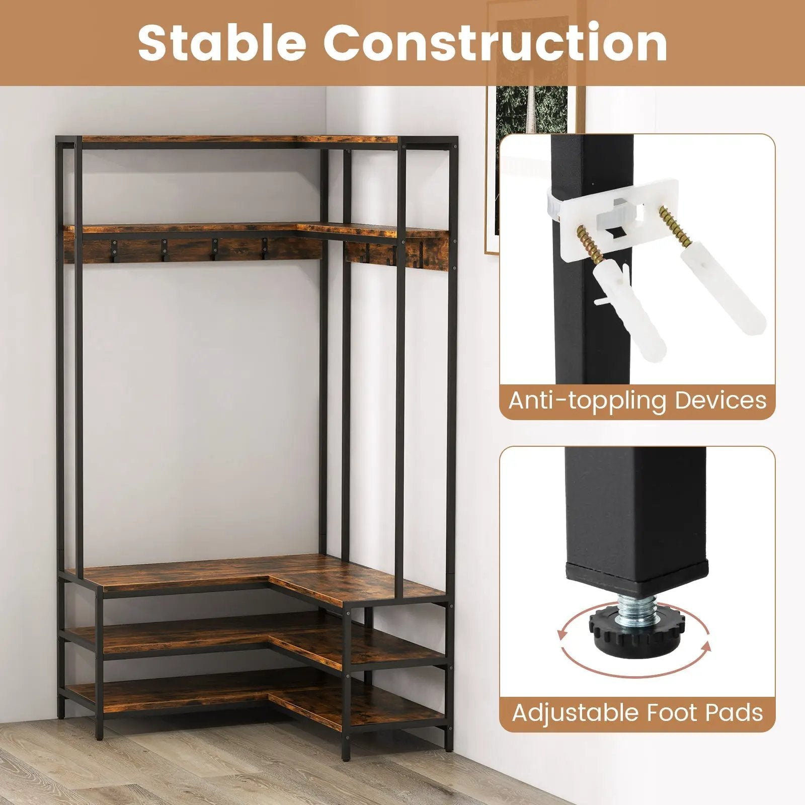 Corner Garment Rack with Open Shelves and 7 Hooks Shoe Bench by DirectDeals