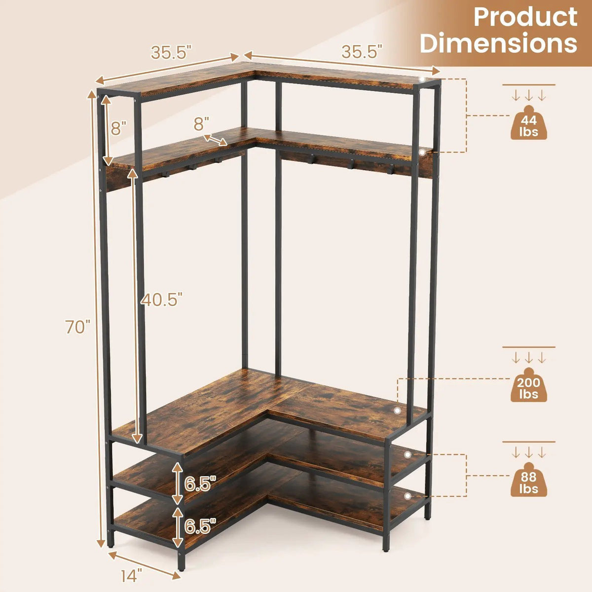 Corner Garment Rack with Open Shelves and 7 Hooks Shoe Bench, photo 5 of 10