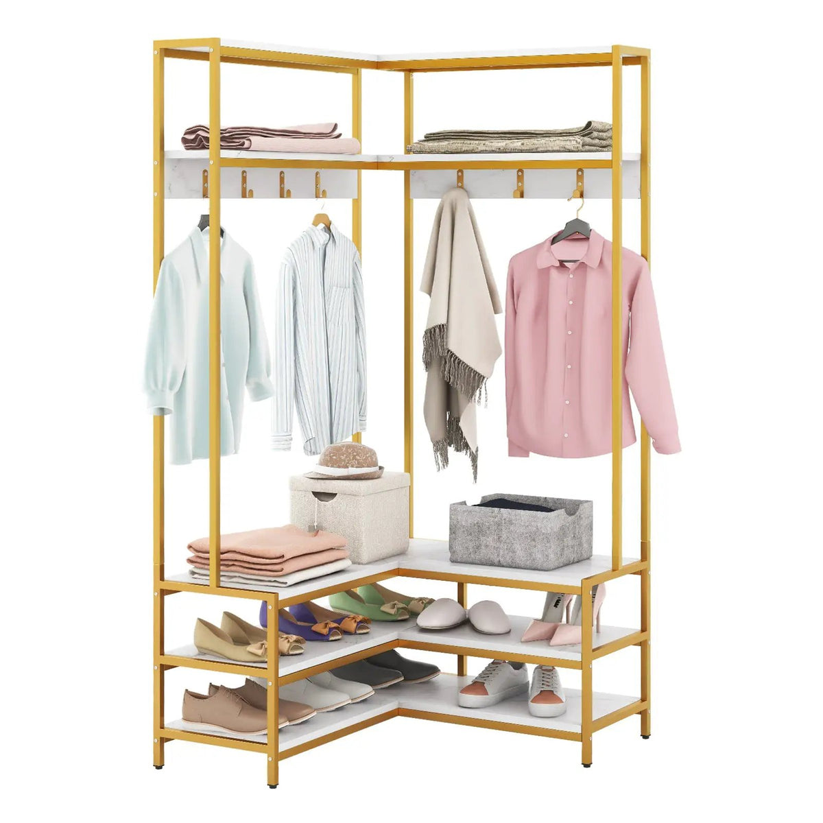 Corner Garment Rack with Open Shelves and 7 Hooks Shoe Bench, photo 9 of 10