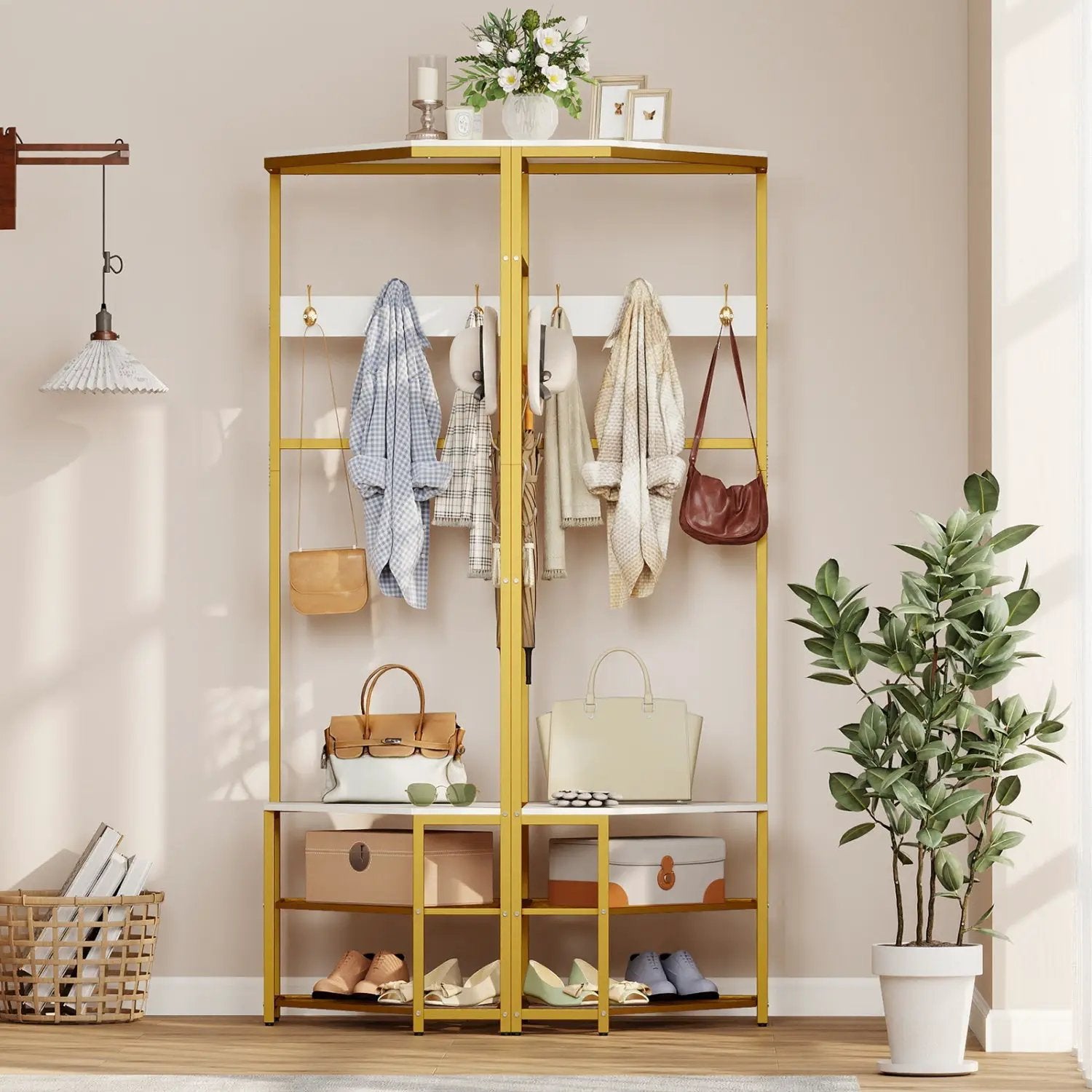 Corner Hall Tree Freestanding Coat Rack with Storage Shelves Removable Hooks by DirectDeals
