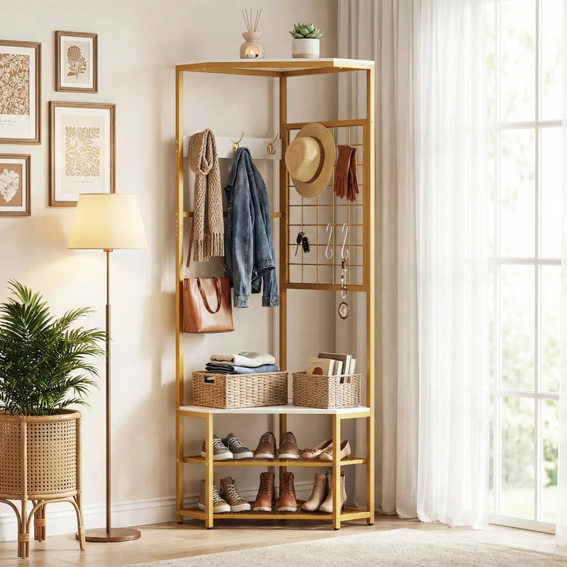 Corner Hall Tree Freestanding Coat Rack with Storage Shelves Removable Hooks by DirectDeals