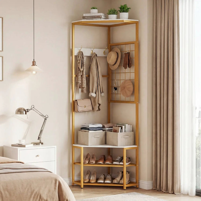 Corner Hall Tree Freestanding Coat Rack with Storage Shelves Removable Hooks by DirectDeals