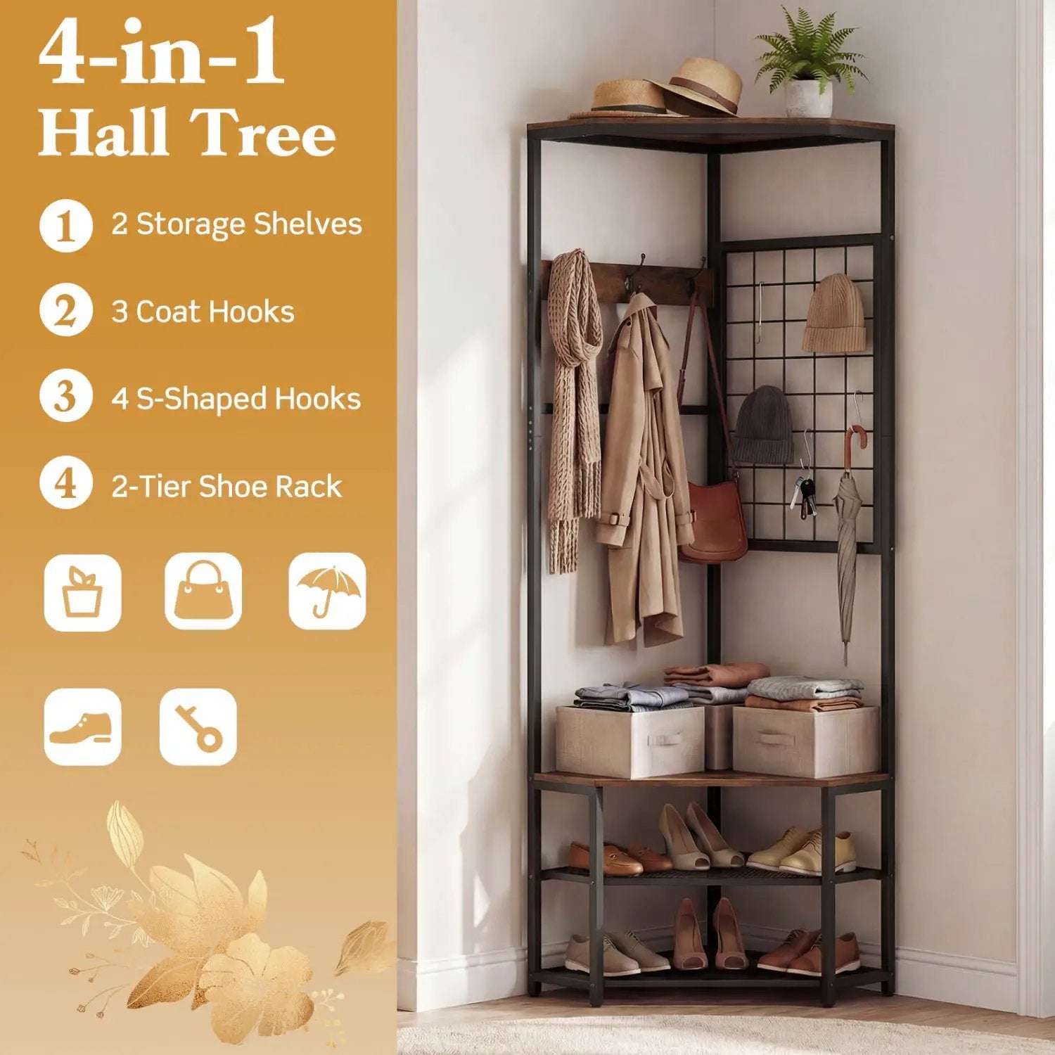 Corner Hall Tree Freestanding Coat Rack with Storage Shelves Removable Hooks by DirectDeals