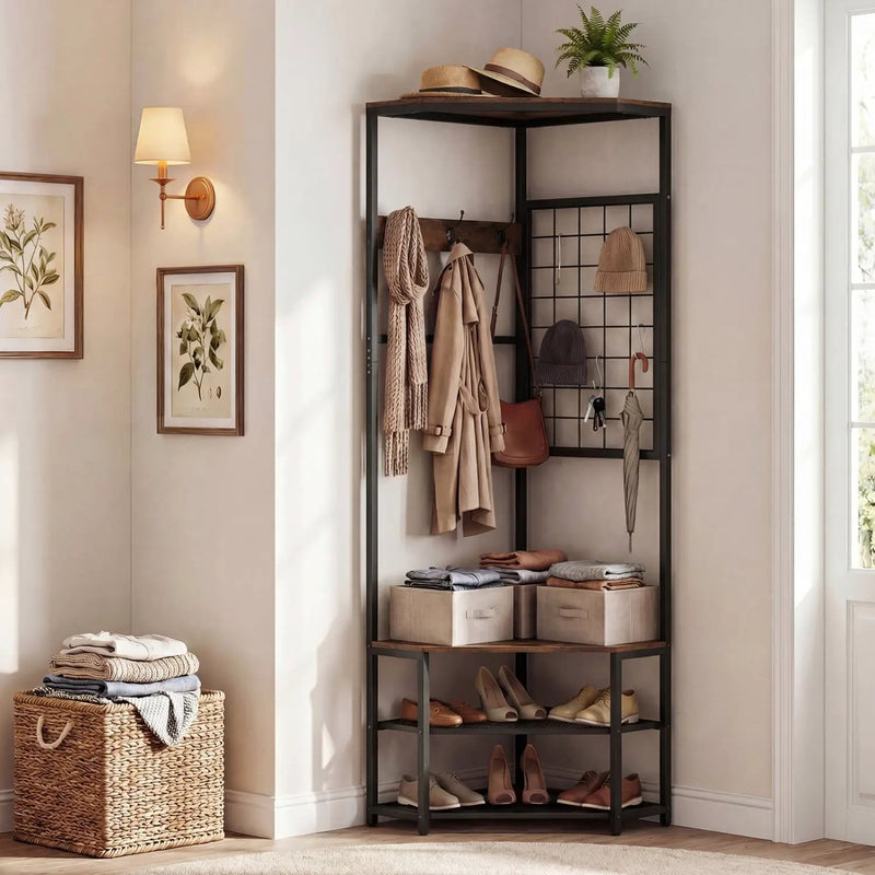 Corner Hall Tree Freestanding Coat Rack with Storage Shelves Removable Hooks by DirectDeals