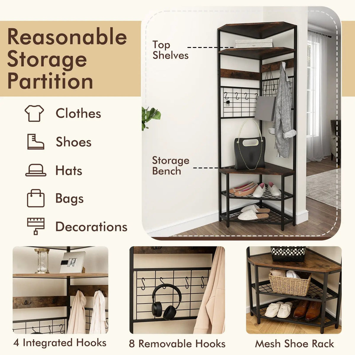 5-Tier Corner Hall Tree with Shoe Storage Bench, photo 8 of 9