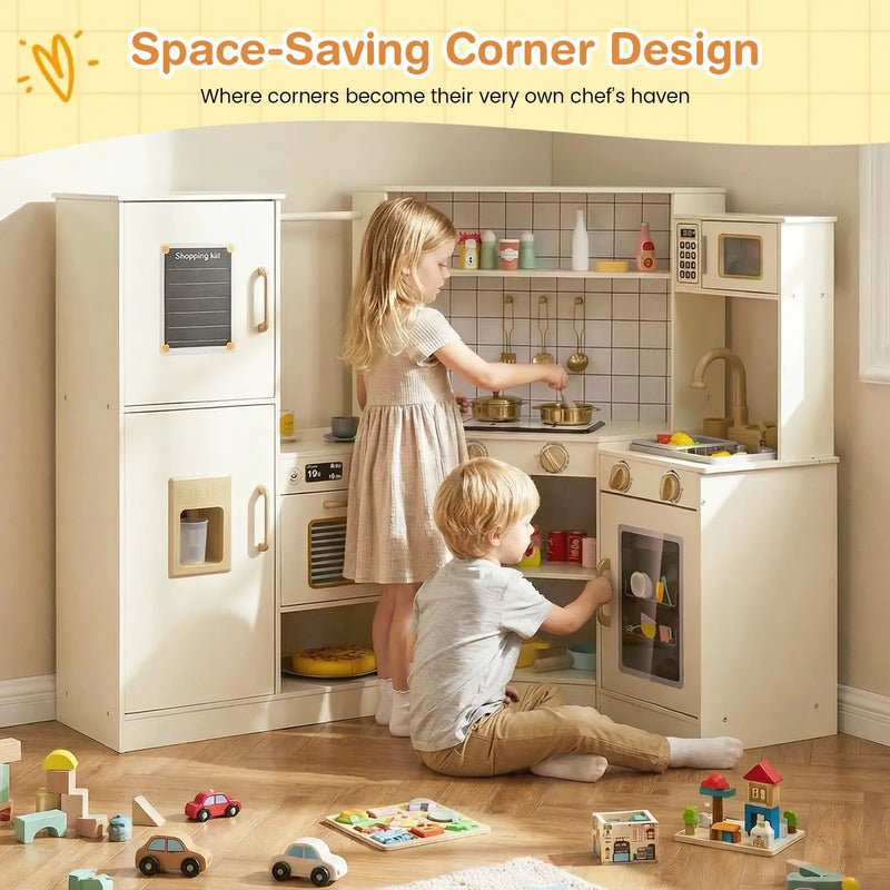 Corner Kids Play Kitchen with Stoves with Lights and Sounds-Beige by DirectDeals