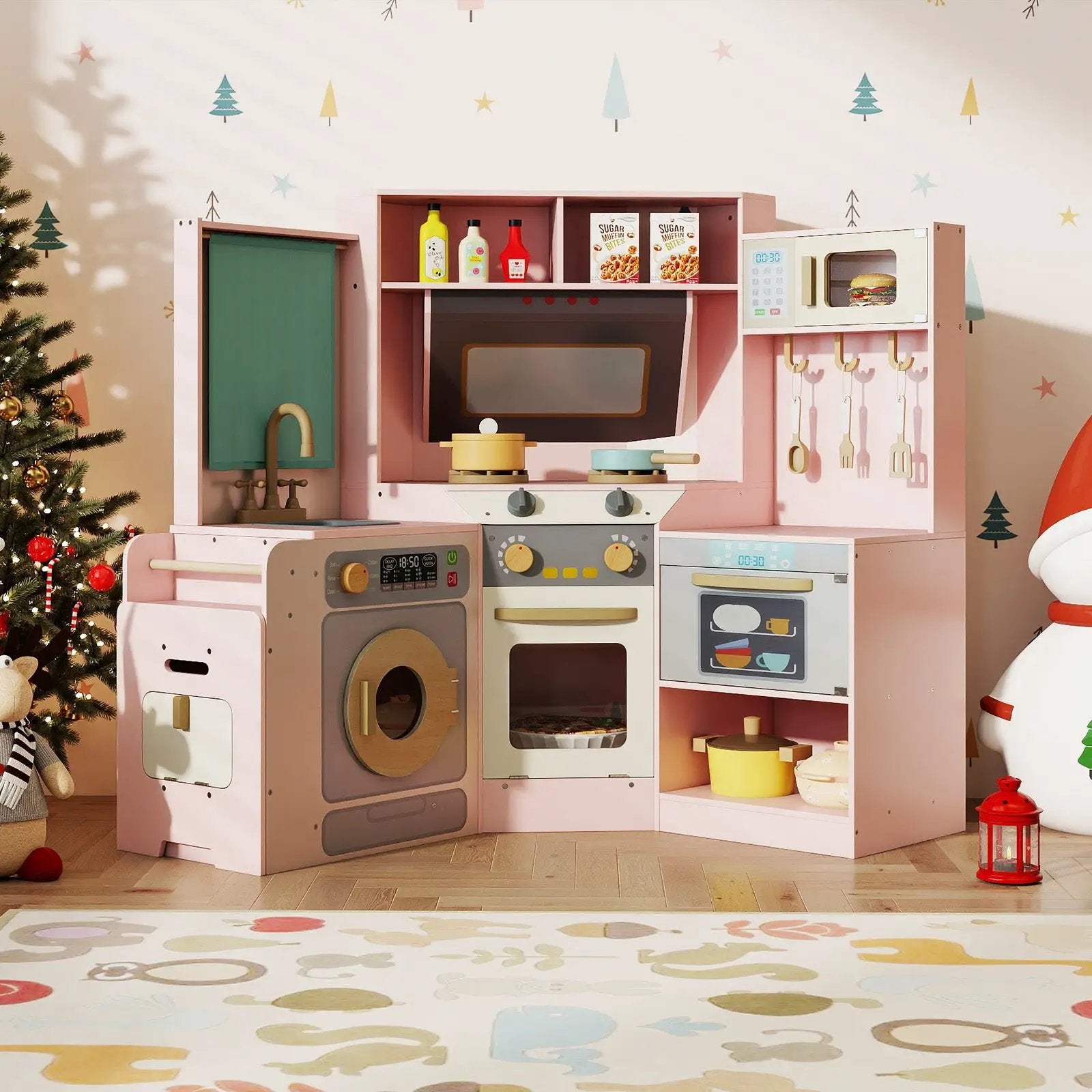 Corner Kitchen Toys with Lights and Sounds with Pull-out Trash Can and Stoves by DirectDeals