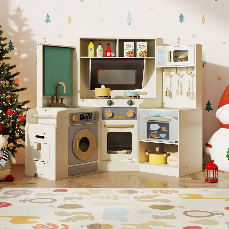 Corner Kitchen Toys with Lights and Sounds with Pull-out Trash Can and Stoves by DirectDeals