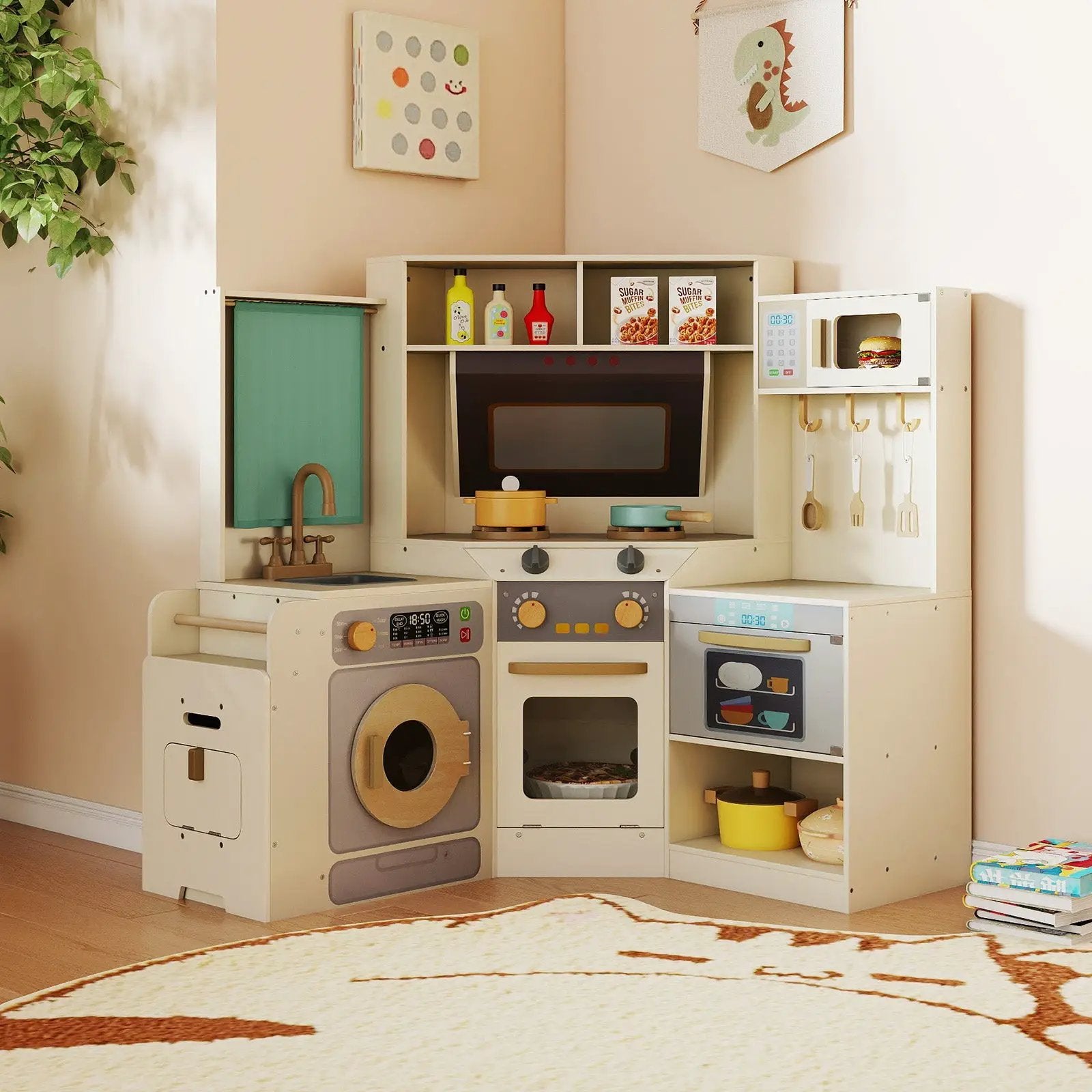 Corner Kitchen Toys with Lights and Sounds with Pull-out Trash Can and Stoves by DirectDeals