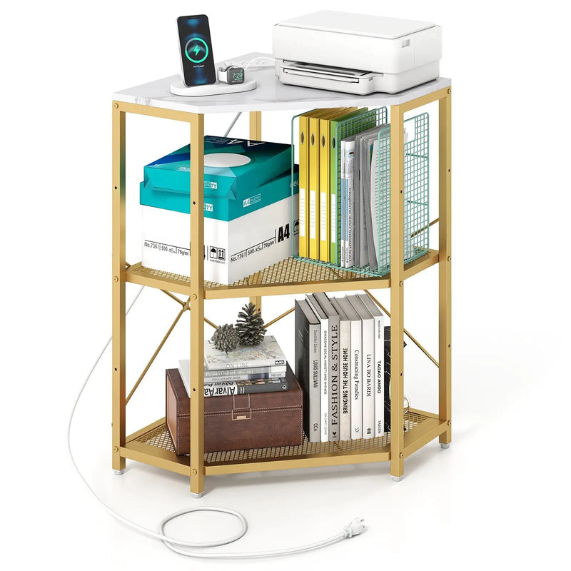 Corner Printer Stand with Power Outlet 3-Tier Storage Rack with Adjustable Shelf by DirectDeals