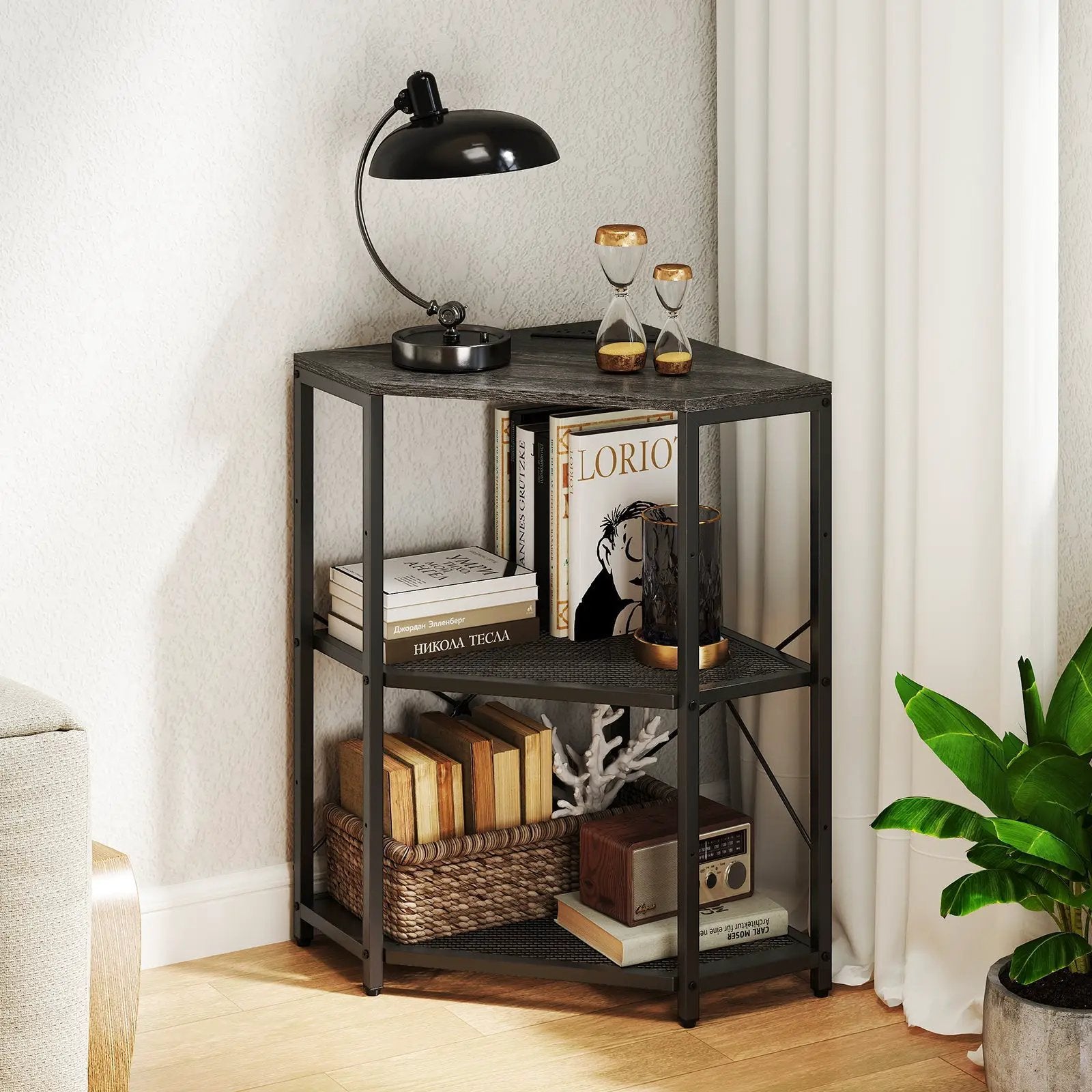 Corner Printer Stand with Power Outlet 3-Tier Storage Rack with Adjustable Shelf by DirectDeals