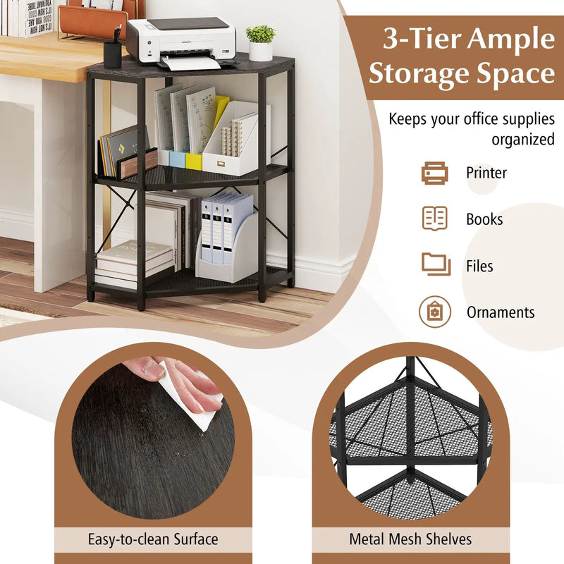 Corner Printer Stand with Power Outlet 3-Tier Storage Rack with Adjustable Shelf by DirectDeals