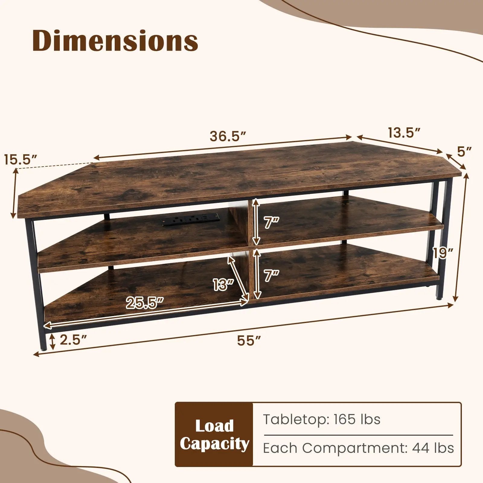 3-Tier Corner TV Stand for TVs up to 65 Inches with Charging Station by DirectDeals
