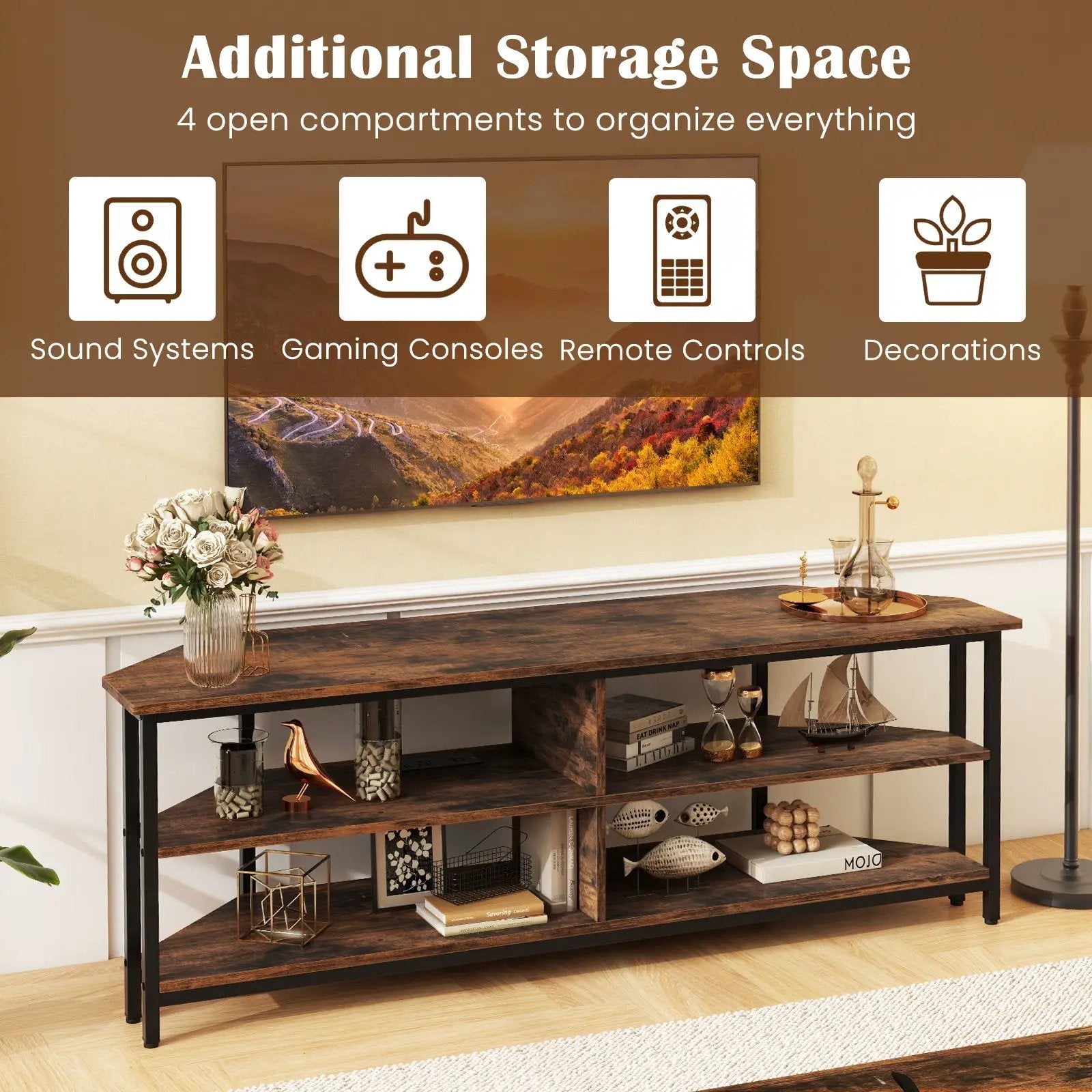 3-Tier Corner TV Stand for TVs up to 65 Inches with Charging Station by DirectDeals