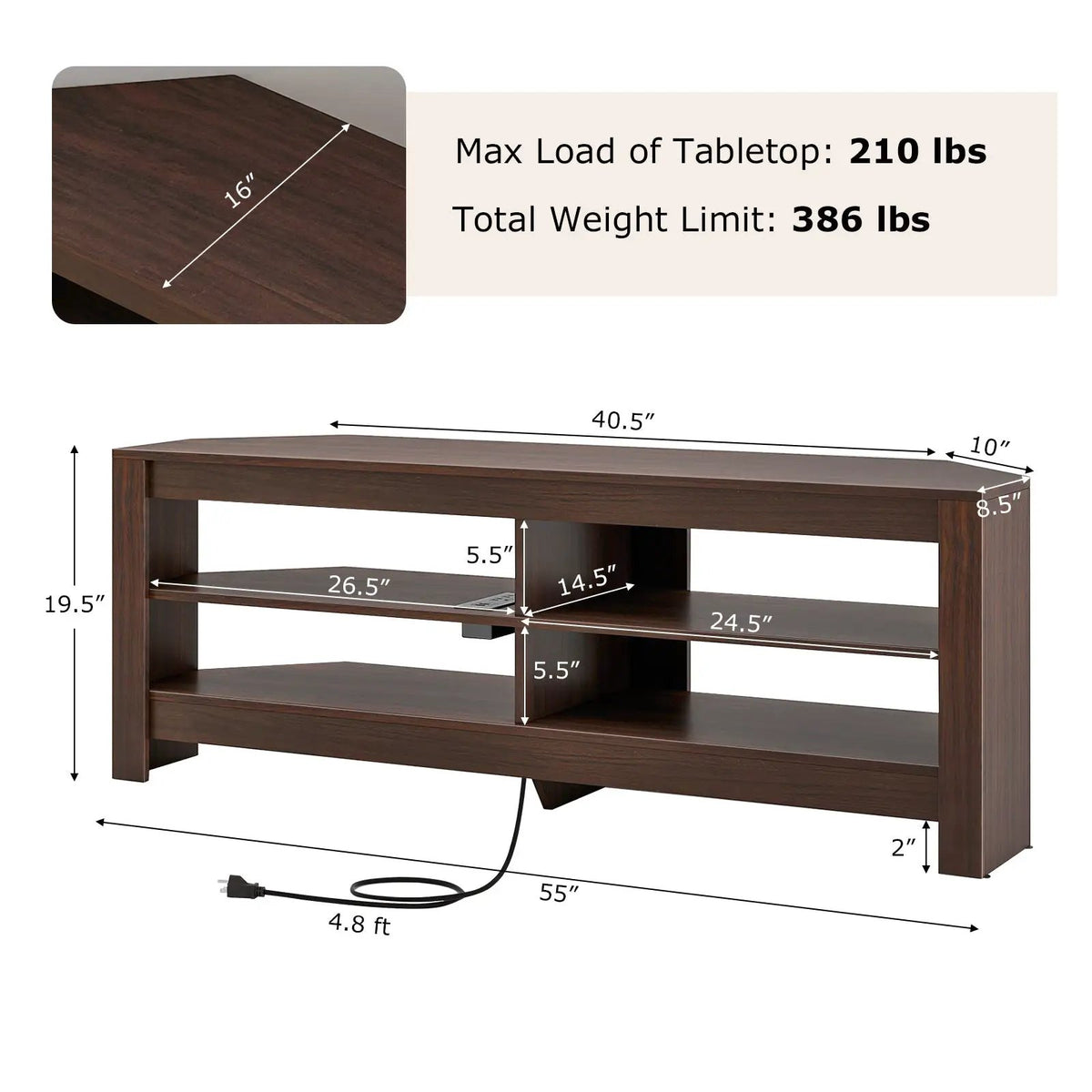 Corner TV Stand with Power Outlet and 4 Open Storage Shelves, photo 13 of 24
