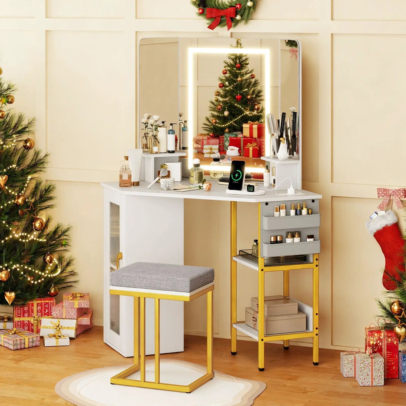 Corner Vanity Desk with Mirror and Lights Makeup Dressing Table with Triple Mirror-White by DirectDeals
