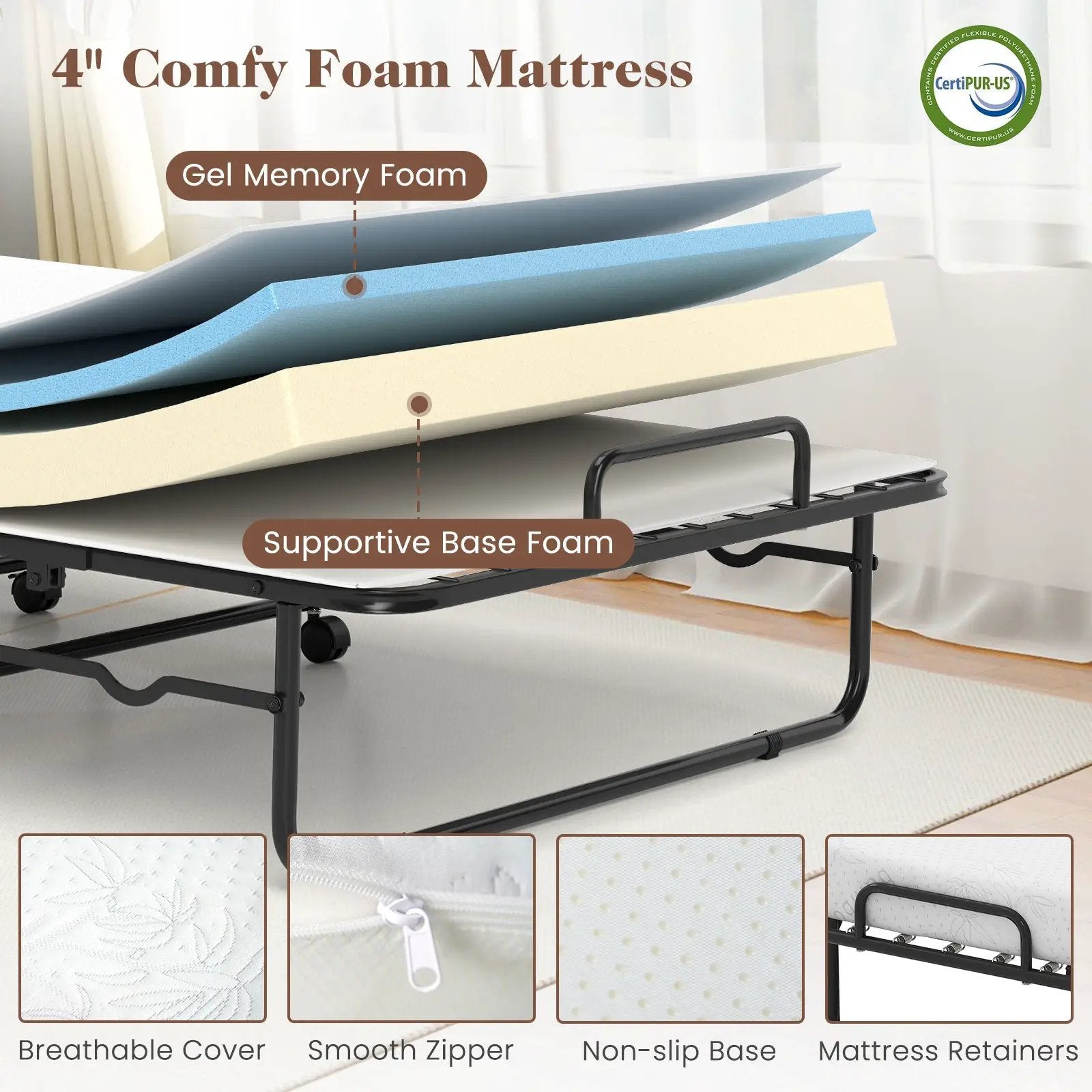 Cot Size Folding Bed Frame with Memory Foam Mattress and Metal Frame by DirectDeals