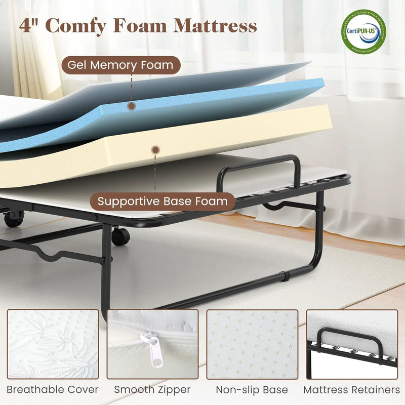 Cot Size Folding Bed Frame with Memory Foam Mattress and Metal Frame by DirectDeals