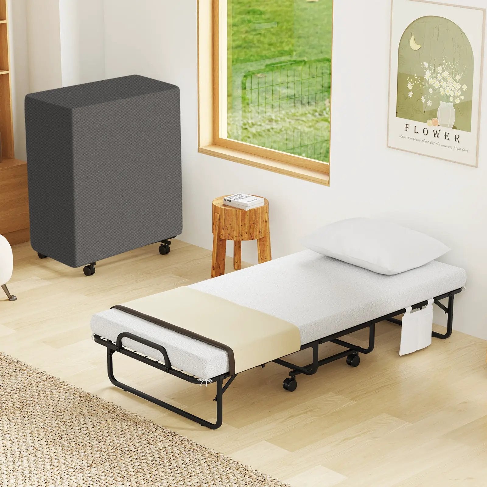 Space-Saving Narrow Twin Rollaway Bed with Pillow and Side Organizer Pocket by DirectDeals