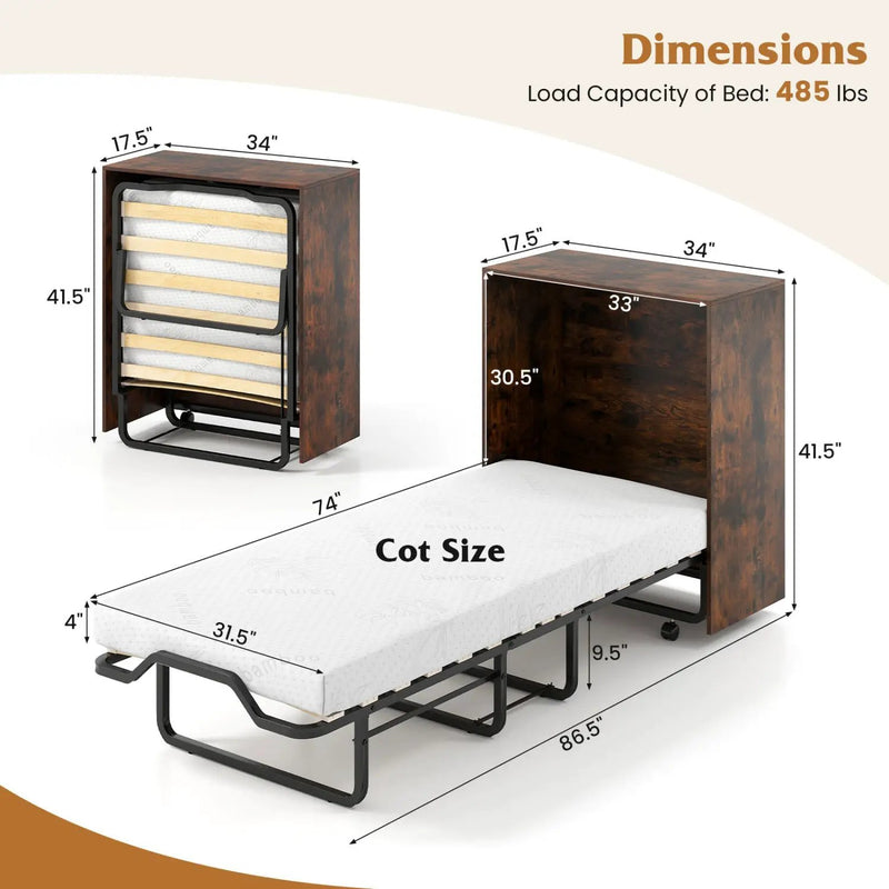 Movable Murphy Bed with Wheels Foldable Cot with Mattress by DirectDeals