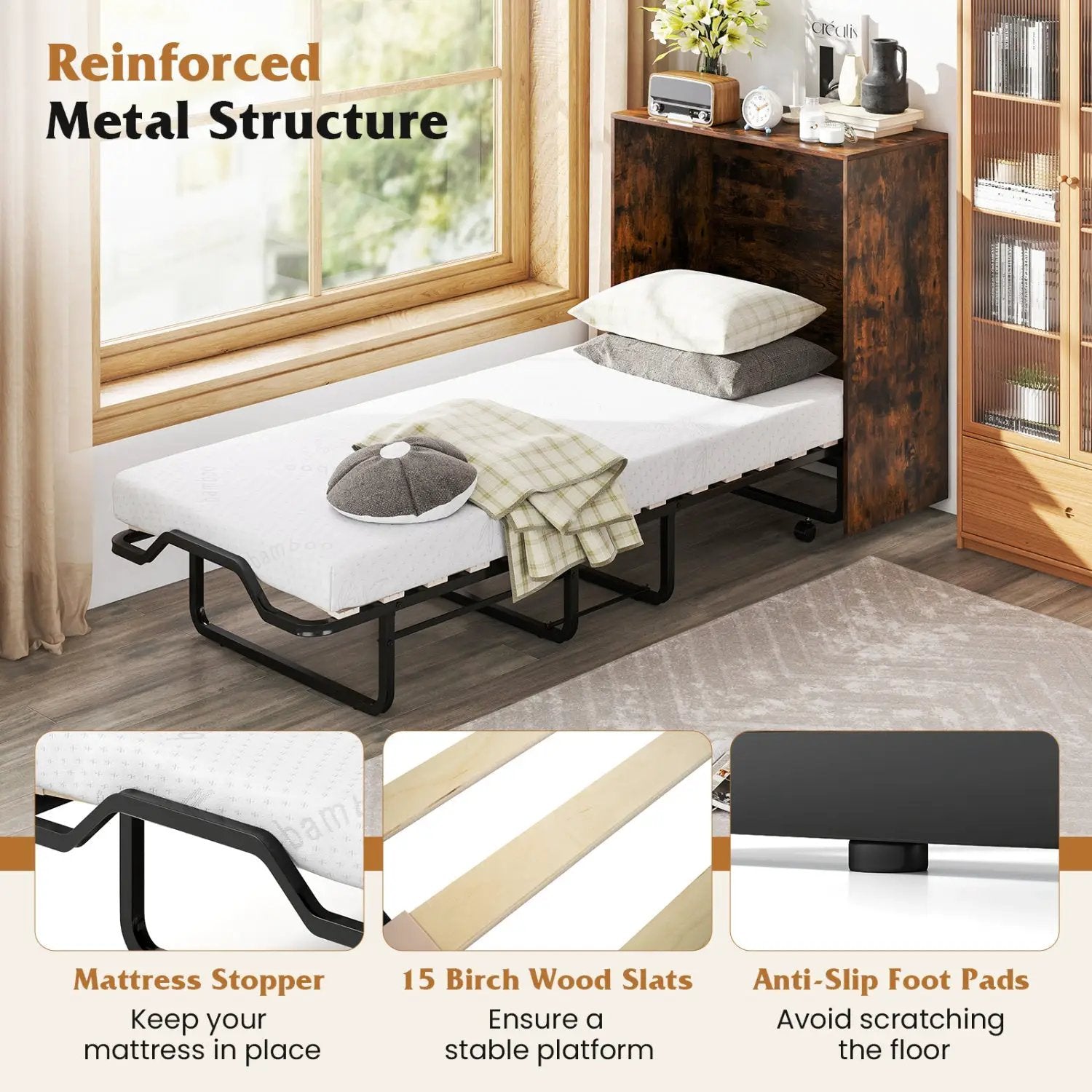 Movable Murphy Bed with Wheels Foldable Cot with Mattress by DirectDeals