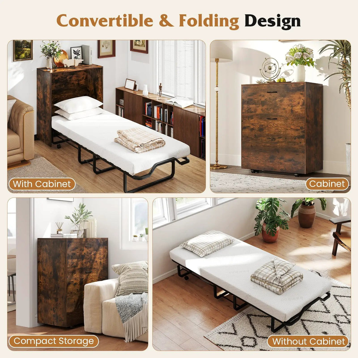 Cot Size Murphy Bed with Foldable Bed and Lockable Wheels, photo 5 of 9