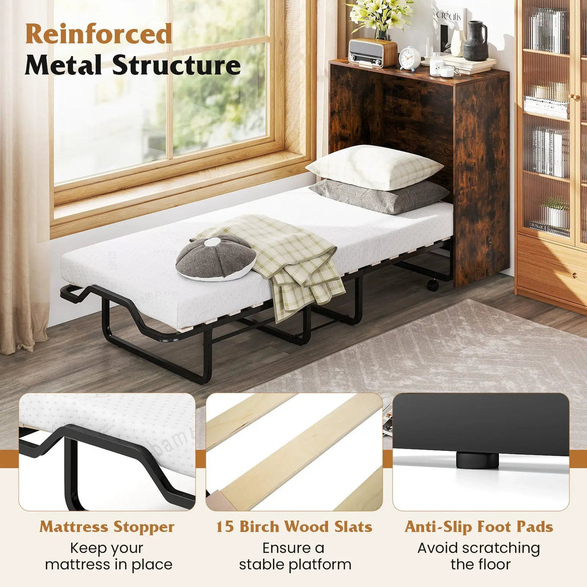 Cot Size Murphy Bed with Foldable Bed and Lockable Wheels, photo 8 of 9