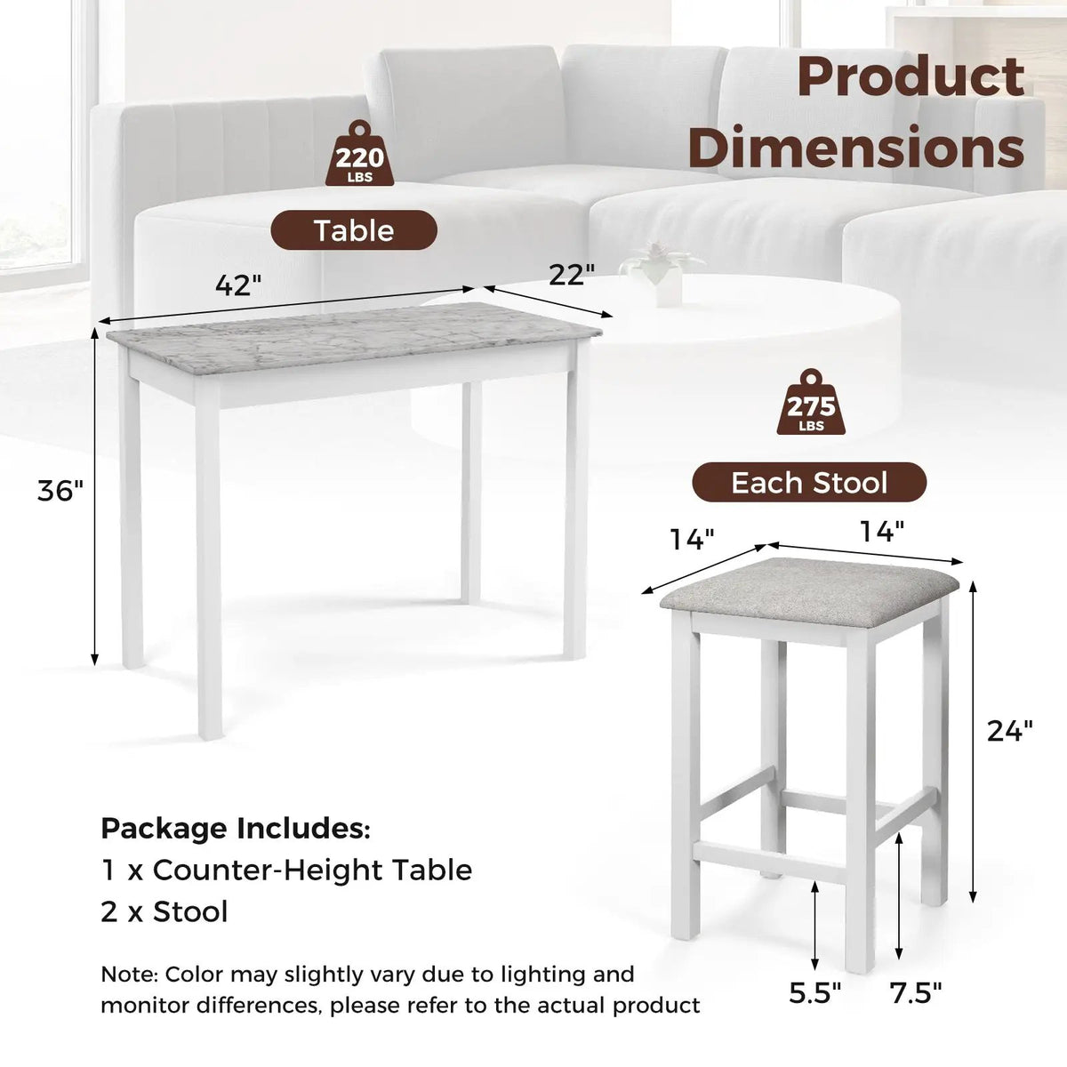 Counter-Height Dining Table and 2 Upholstered Bar Stools by DirectDeals