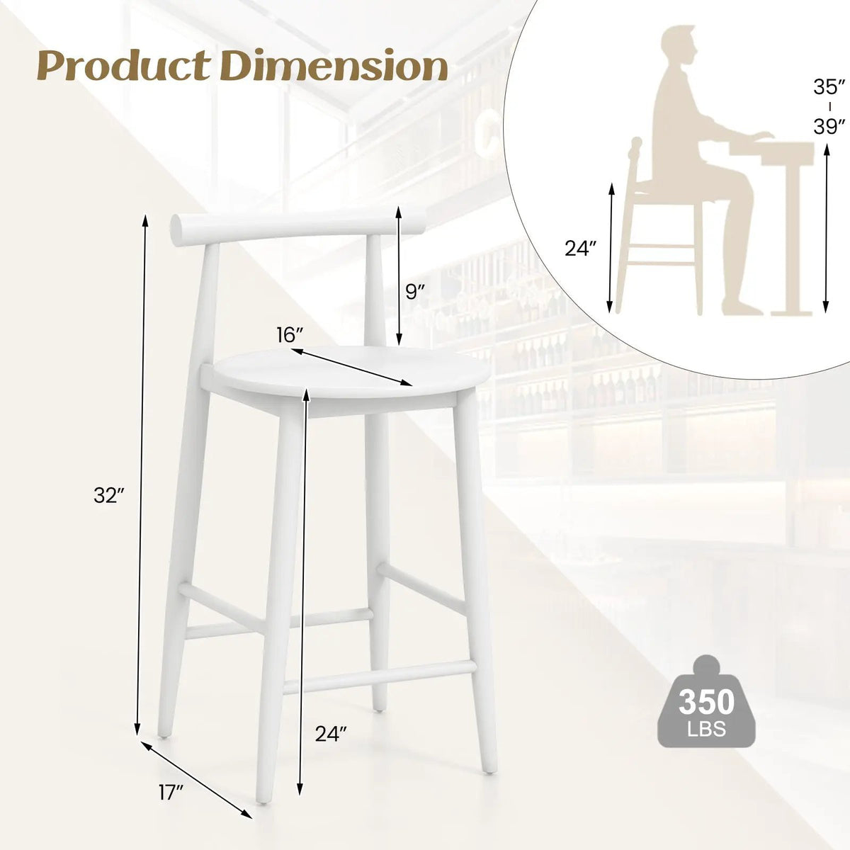 Counter Height Bar Chair Set with Acacia Wood Frame and Supporting Legs, photo 4 of 9