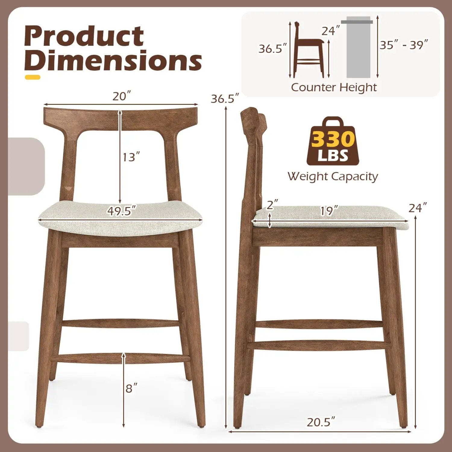 Counter Height Bar Stools 24 Inch Solid Wood Kitchen Island Chairs with Curved Backs by DirectDeals