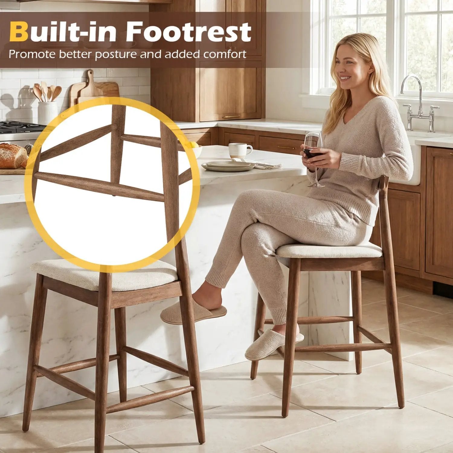 Counter Height Bar Stools 24 Inch Solid Wood Kitchen Island Chairs with Curved Backs by DirectDeals
