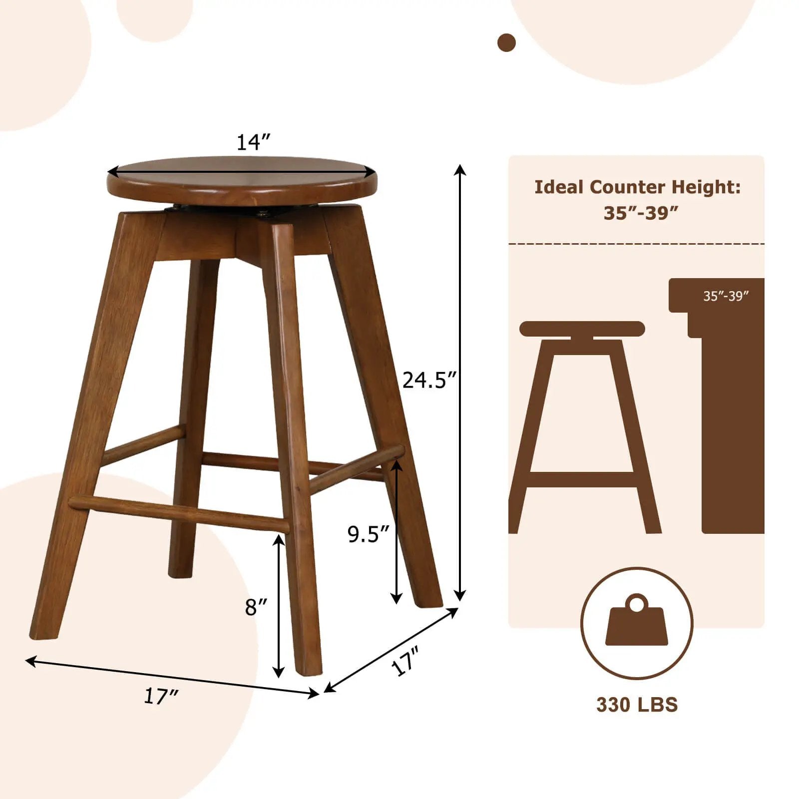 2 Set of 24.5 Inch Counter Height Bar Stool with Rubber Wood Frame by DirectDeals