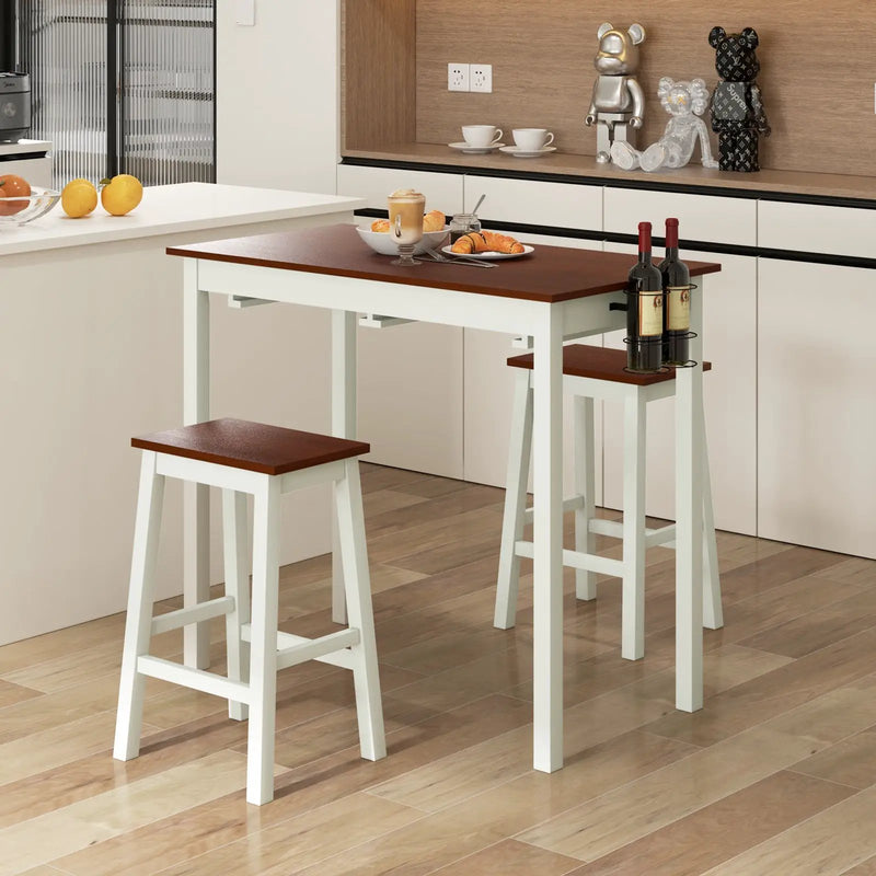 3-Piece Bar Table Set with 2 Wine Holders and Wooden Legs-White by DirectDeals