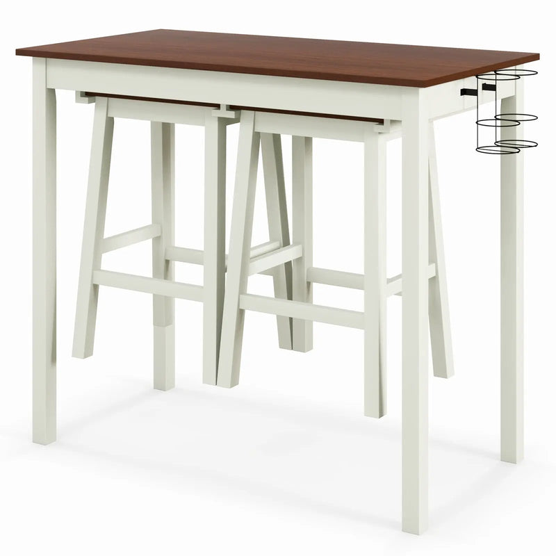 3-Piece Bar Table Set with 2 Wine Holders and Wooden Legs-White by DirectDeals