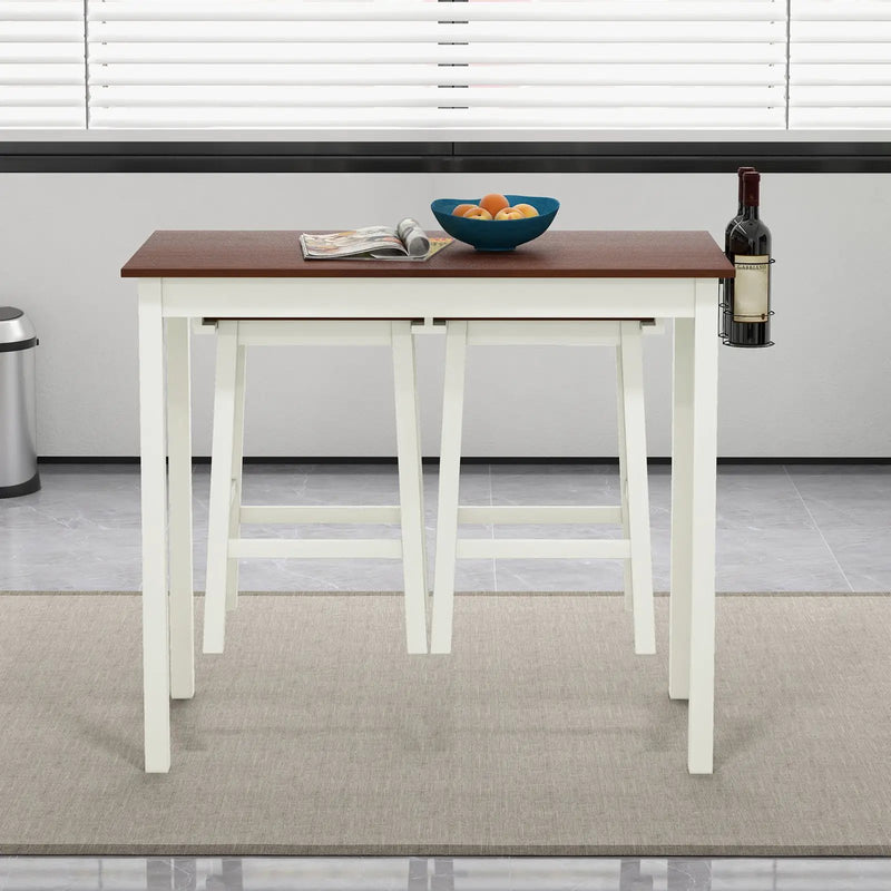 3-Piece Bar Table Set with 2 Wine Holders and Wooden Legs-White by DirectDeals