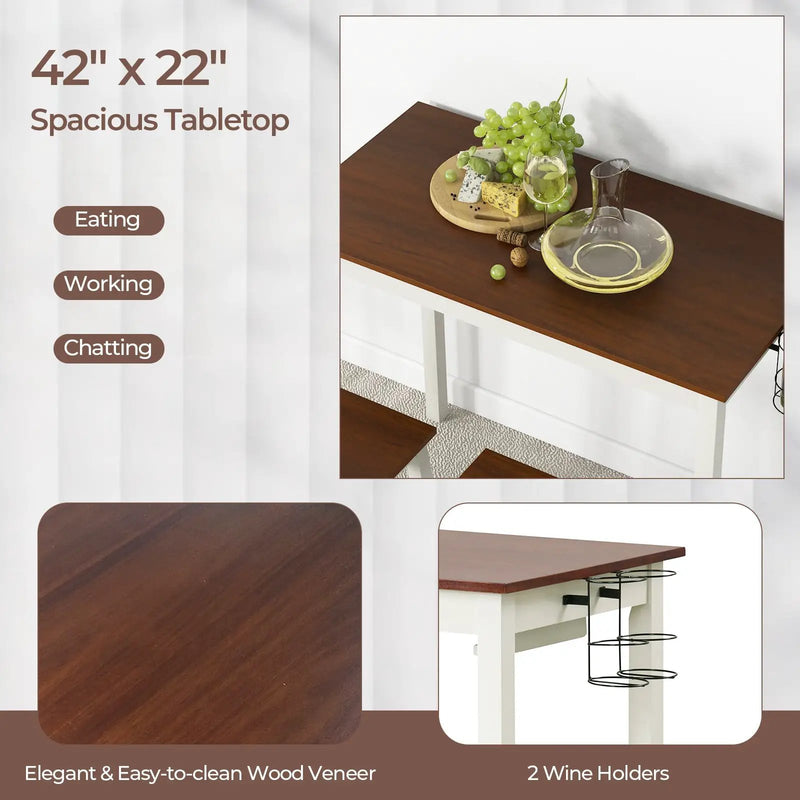 3-Piece Bar Table Set with 2 Wine Holders and Wooden Legs-White by DirectDeals